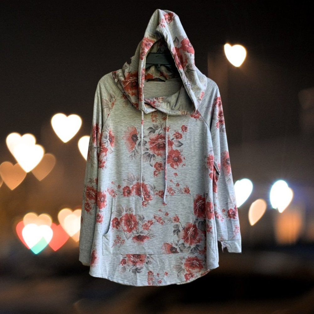 Madeline Sparklstein Women's Long Sleeves Hooded Top Jacket Gray Floral Size M